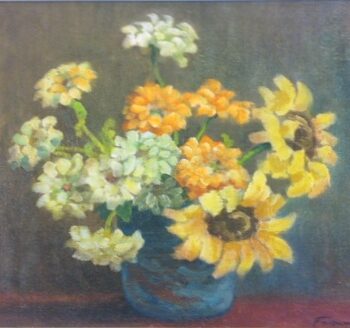 Dalie con girasoli - Dahlien mit Sonnenblumen 1963, tempera grassa - Öltempera 39 x 46