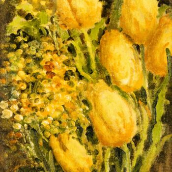 Tulipani e mimosa - Tulpen und Mimose, 1963, tempera ad olio - Öltempera, 44x21 (o)